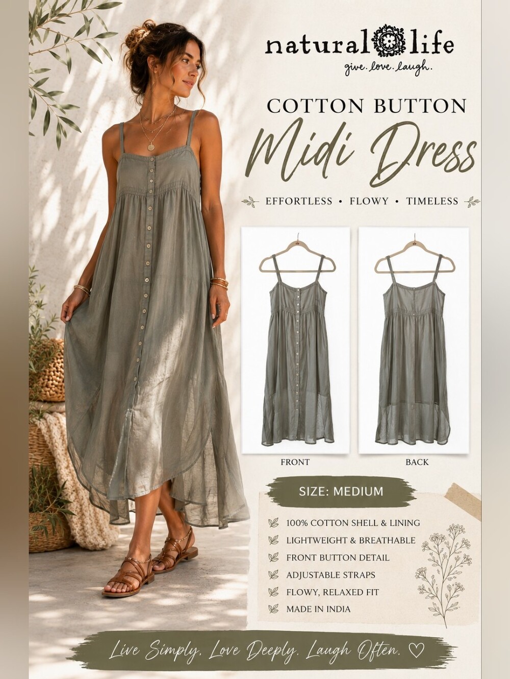 Natural Life Sage Green Button-Front High-Low Midi Dress - M